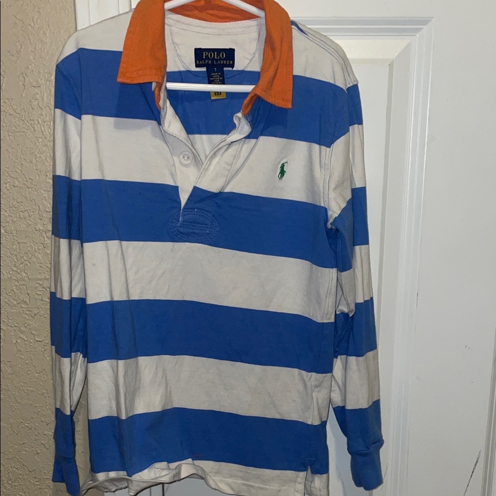 Polo by Ralph Lauren Men's Blue and White Striped Shirt with Orange Collar